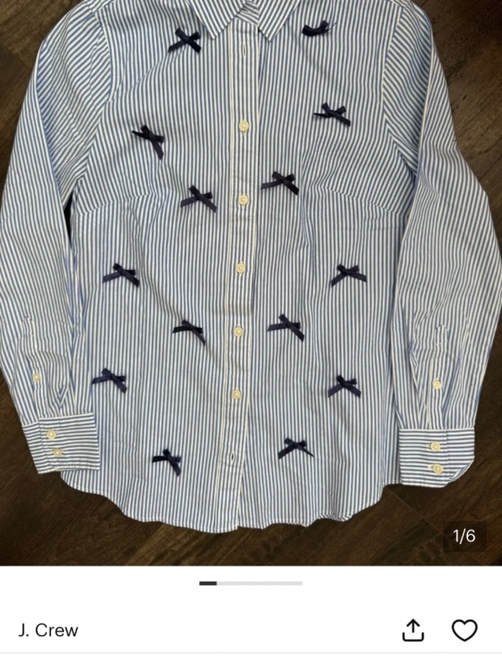 J. Crew women’s Blue and White Striped Button-Down Shirt with Navy Bow Embroider